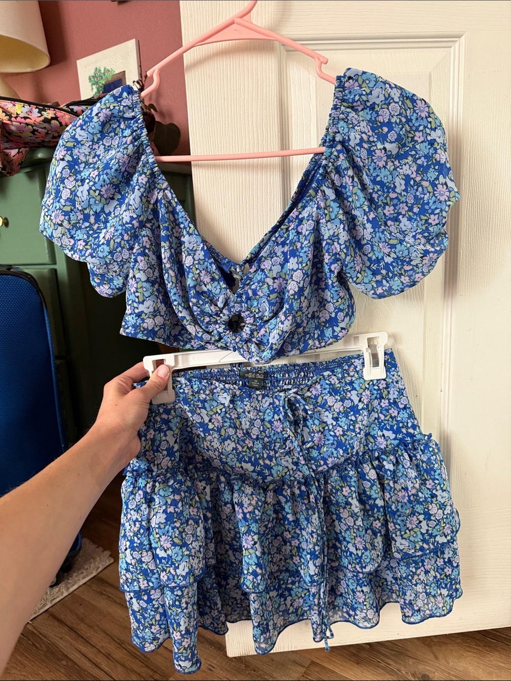 wild fable Blue Floral Puff-Sleeve Crop Top & Tiered Skirt Set